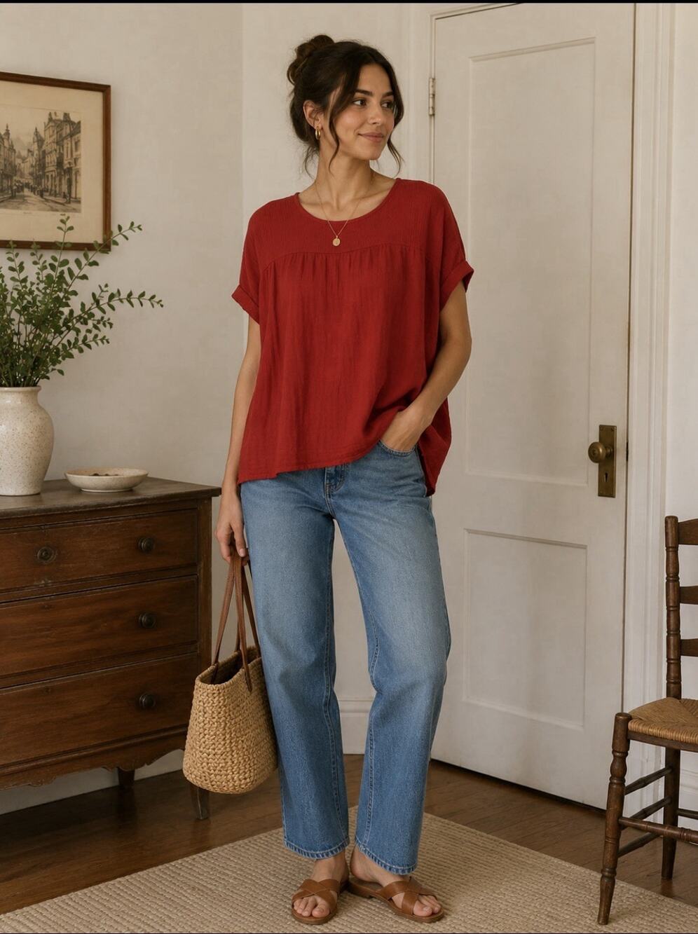 100% Cotton Red Pleated-Yoke Short Sleeve Blouse